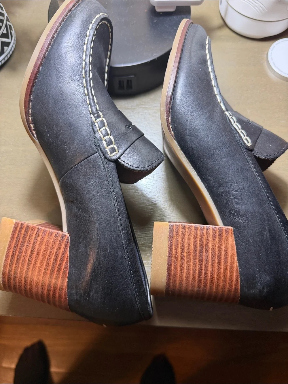 Sperry Black Leather Penny Loafers with Contrast Stitching